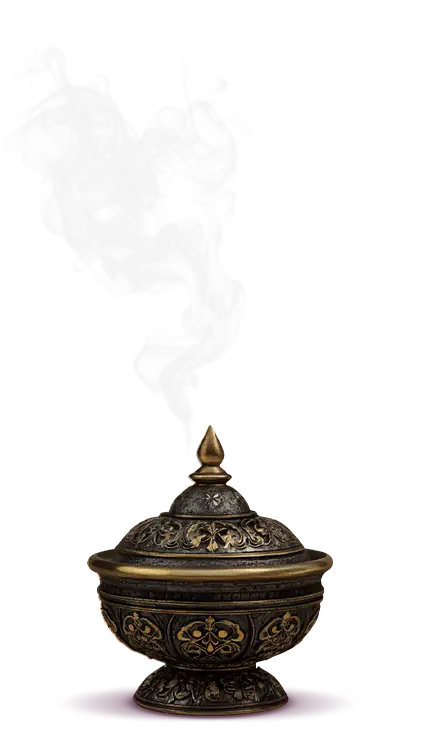 Incensário decorativo de metal, representação do enredo sobre o Incenso